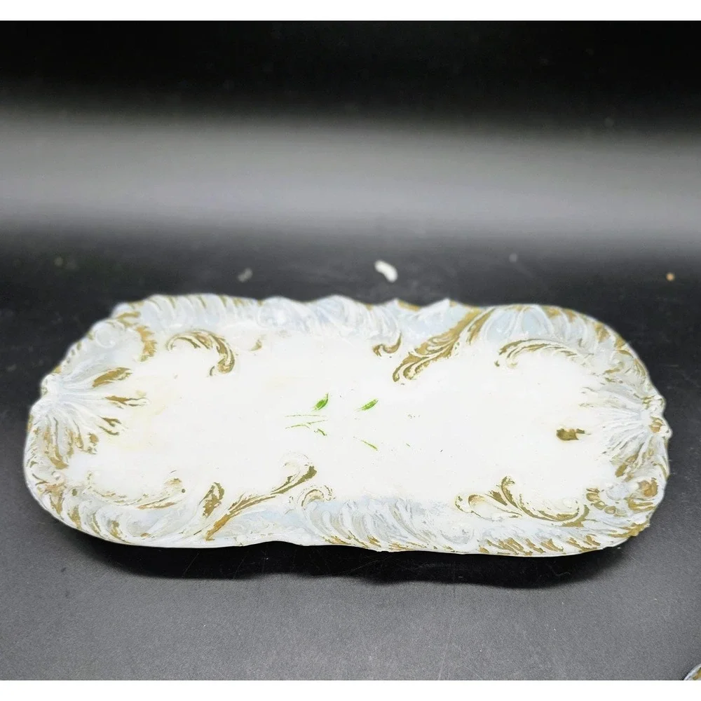 Antique Dithridge EAPG Milk Glass Vanity Set Powder Jar Trinket Box Tray 9